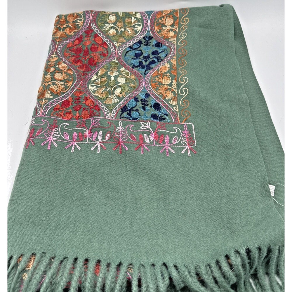 Moda Kosioko Sage Green Embroidered Shawl Wrap Boho Fringed Soft Oversized 6’